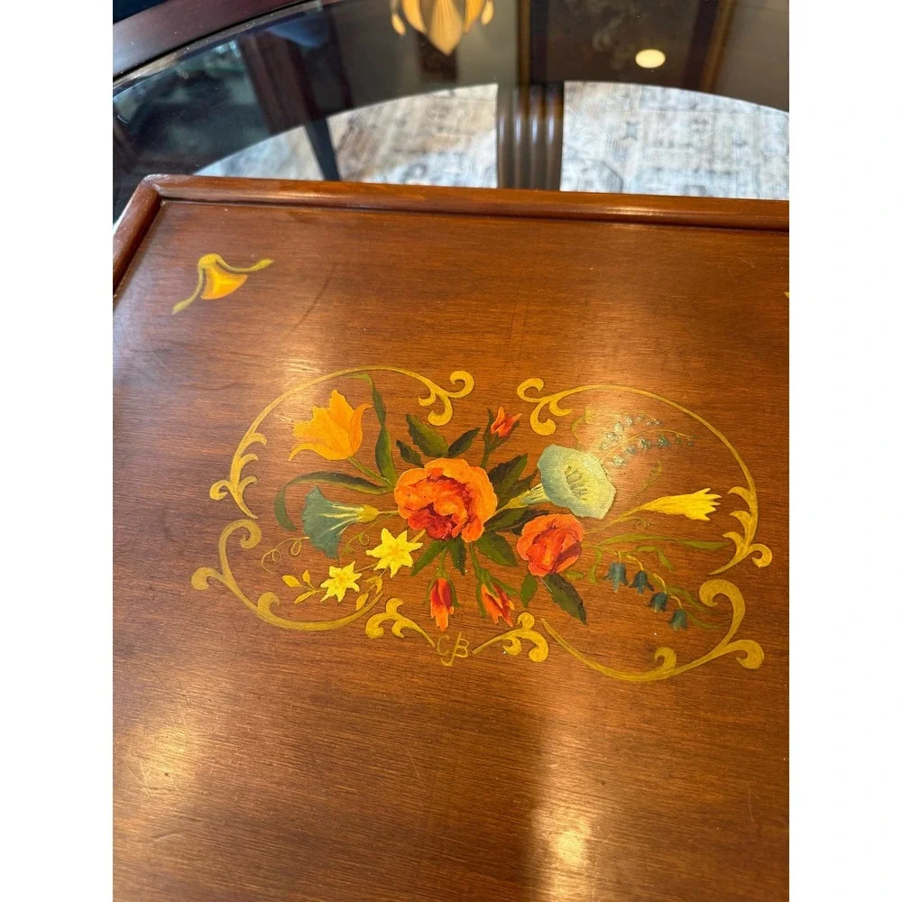 Vintage Hand Painted Floral‎ Wood Tray With Handles